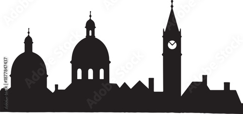 Silhouette of a city skyline featuring domed buildings and a clock tower