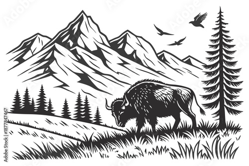 Detailed engraving style, bull grazing in mountain meadow, majestic snow-capped peaks, pine forest silhouette, soaring birds, intricate line work, black and white illustration, vintage woodcut aest