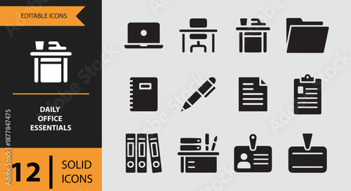 Daily office essentials: a comprehensive collection of 12 solid black vector icons for work