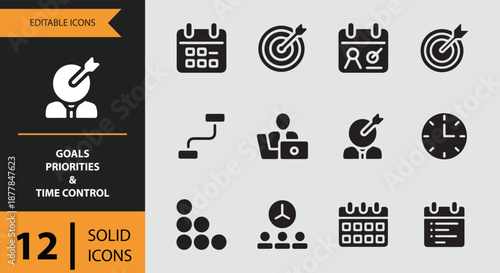 Goals priorities and time control solid icons for business strategy and productivity