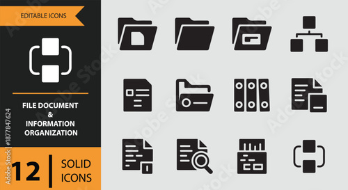 Editable solid icons collection for file document and information organization solutions