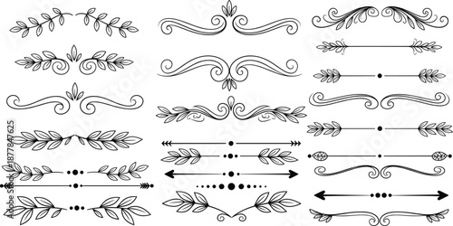 Elegant decorative flourishes and vintage divider ornaments with swirl and leaf elements for invitations, frames, and classic design