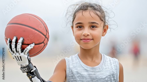 Young girl playing basketball outdoors on a cloudy day