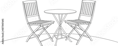 Outdoor patio furniture line art illustration featuring two folding chairs and a round table for garden and home decor designs