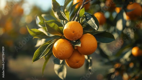 Fresh ripe oranges hang from a leafy branch in a sunny citrus orchard during the summer harvest on a healthy nature farm