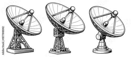 Hand drawn line art satellite dish set featuring various parabolic antennas for technology and broadcasting concepts