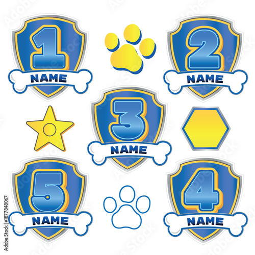 Paw Style Birthday Badges Set. Numbers 1-5 with Name Banner