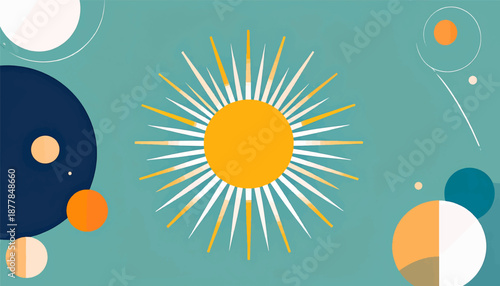 Abstract geometric sunburst with circles in teal and orange hues