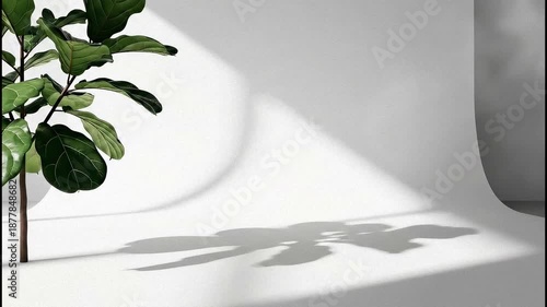 Minimalist Studio Scene With A Lush Green Fiddle Leaf Fig Plant Casting A Dramatic Shadow On A Textured White Wall With Soft Natural Light Streaming From The Side
