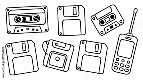 Collection of retro technology icons including cassette tapes floppy disks and an old mobile phone flat vector illustration for nostalgia and vintage design