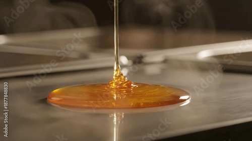 Golden Honey Pouring onto Metal Surface in Slow Motion with Warm Lighting