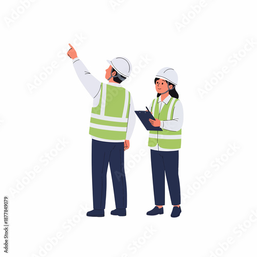 Two construction workers in hard hats and safety vests inspecting a site, one pointing, the other taking notes.