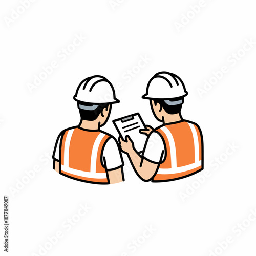Two construction workers in hard hats and safety vests discussing plans with a clipboard, viewed from behind.