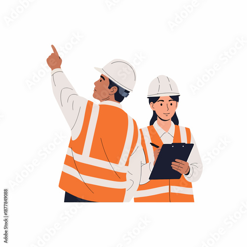 Two construction workers or engineers in hard hats and safety vests, one pointing up and the other taking notes on a clipboard.