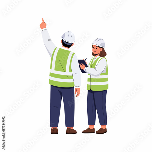 Two construction workers or engineers in hard hats and safety vests inspecting a site, with one pointing up and the other taking notes.