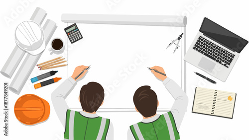 Two engineers or architects collaborating on a design project, drawing plans on a large sheet with various tools around them.