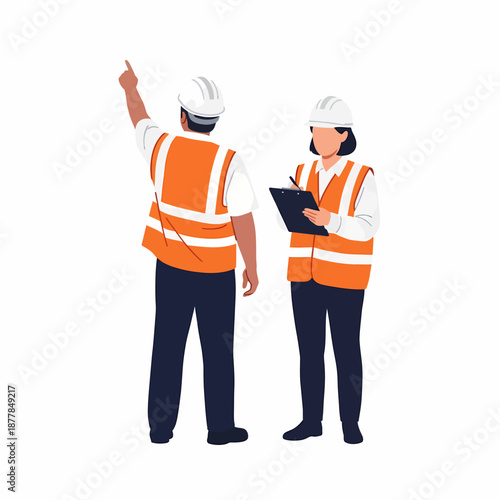 Two construction workers collaborating on a project at a site, one pointing and the other taking notes, wearing safety gear and vests.