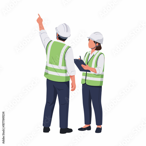 Two construction workers in safety gear inspecting a site, with one pointing upwards and the other holding a clipboard.
