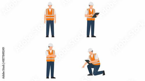 A set of four illustrations depicting a male construction worker in various poses, including standing, inspecting with a clipboard, and kneeling.
