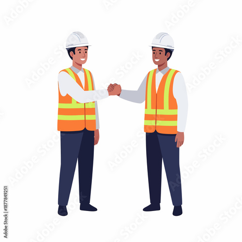 Two smiling male construction workers in safety vests and hard hats doing a fist bump, symbolizing teamwork.
