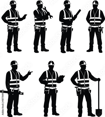 Silhouette construction workers with tools, safety helmets, vests, performing various tasks, teamwork, engineering roles, industrial labor, site operations, vector illustration