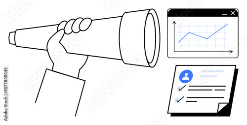 Hand holding telescope, growth chart with upward trend, and checklist with profile icon. Ideal for future planning, goal tracking, career development, business strategy, analytics, organization