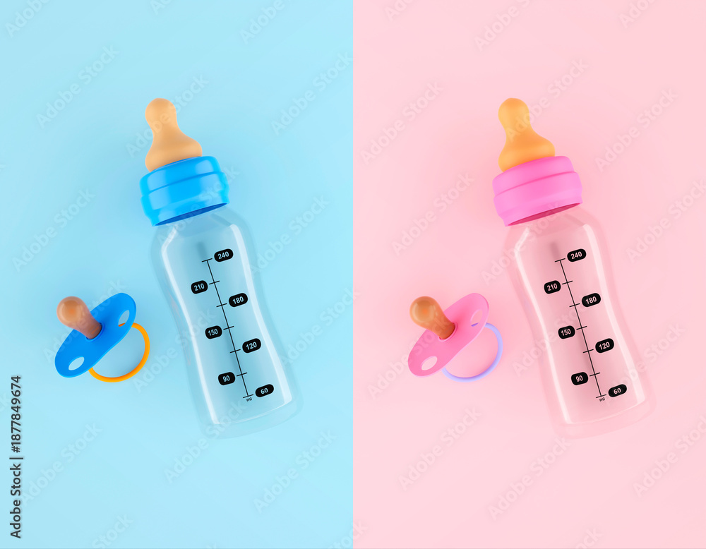 Naklejka premium Baby bottle and pacifier. Blue and pink variation