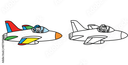 Cartoon jet fighter plane vector illustration. Coloring book page for kids. Aircraft with pilot outline and colored version isolated on white background.