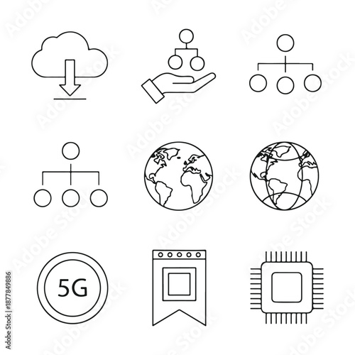 Digital Icon Array: An array of digital icons, including cloud downloads, hand-held network diagrams, world globes, and 5G symbols, represents a suite of modern technological concepts.