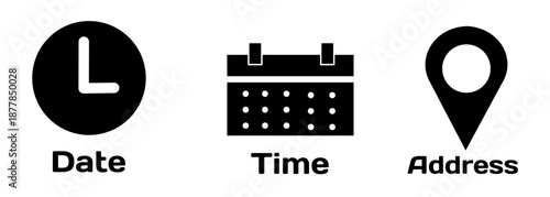 Date, time, and location icon collection designed for events, appointments, and user interface elements.