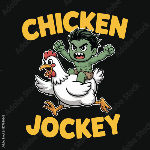 Chicken Jockey Funny Green Monster Riding Chicken Cartoon T‑Shirt Design