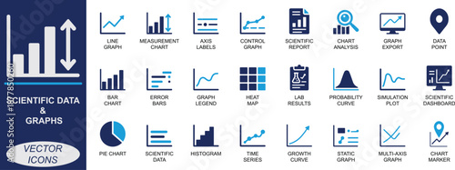 Scientific data and graphs icon set with line, bar, pie, scatter plots, data charts, and trend visuals. Ideal for research, dashboards, reports, labs, and analysis tools.