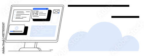 Cloud computing, data storage, online services, technology infrastructure, web hosting, IT systems. Digital monitor displaying various data windows next to a cloud graphic. Cloud computing and data