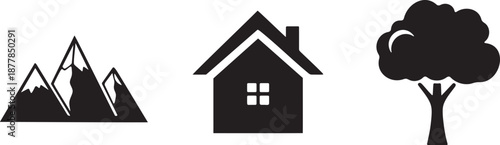 Nature and Real Estate Mountain Home and Tree Symbols
