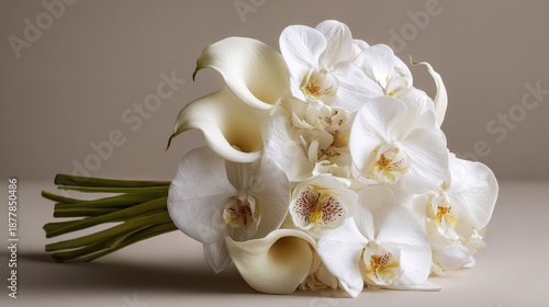 Minimalist wedding bouquet of white orchids and calla lilies, clean composition, neutral background, luxury bridal aesthetic.