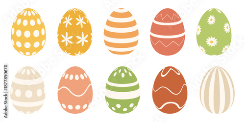 Easter eggs set with warm spring color palette. Decorative patterns, soft pastel tones. Seasonal illustration for Easter design, greeting cards, packaging and backgrounds.