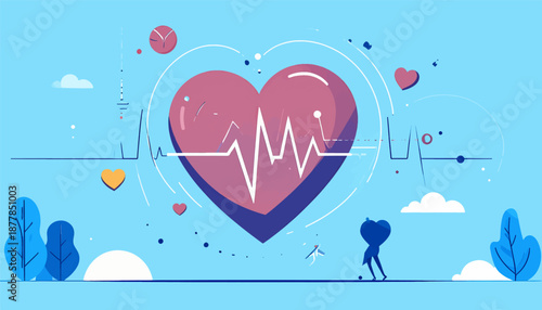 Abstract heart and pulse line, a silhouette of a person with a heart-shaped head