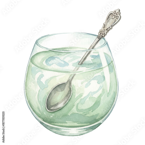 Prague Absinthe Drip Watercolor Illustration, Traditional Green Fairy Ritual Drink, Hand Painted Vector Isolated on White
