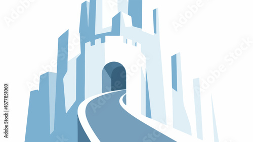 Abstract ice castle with a winding path leading to an arched entryway, geometric shapes, cool tones
