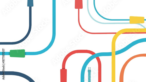 Abstract illustration of colorful, curved, and connected lines forming a network on a white background
