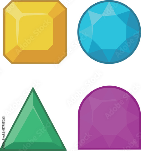 Set of colorful vector cartoon gemstones. Shiny jewel icons with facets including yellow square, blue circle, and green triangle for game assets.