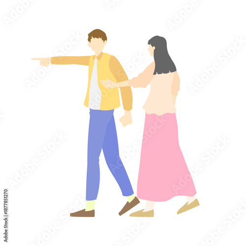 会話、相談しながら歩く男女、カップル