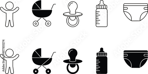 Baby care icon set featuring stroller, pacifier, bottle, and diaper in outline and solid styles for nursery design