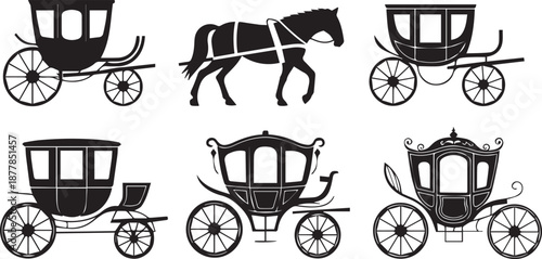 Collection of elegant horse-drawn carriages and a horse silhouette