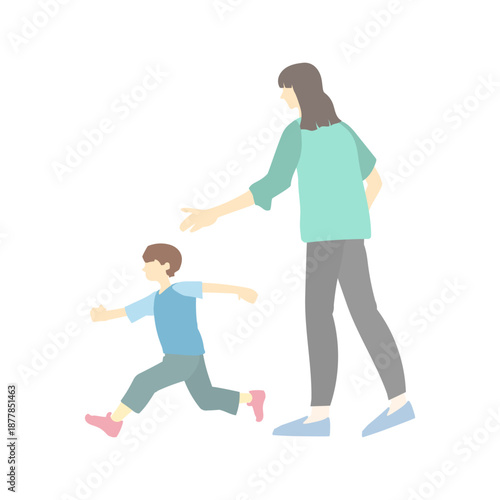 走り出す子供と引き止めようとする母親、親子