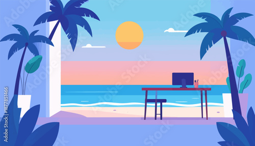 A workstation with a computer sits at the edge of a tropical beach, overlooking the ocean