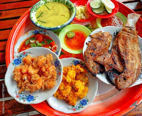 Traditional fried seafood Indonesian style