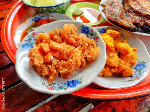 Traditional fried seafood Indonesian style