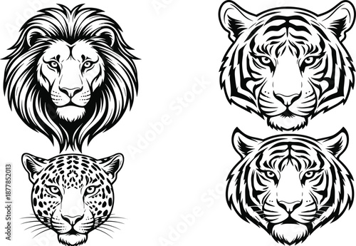 Wild big cat head line art vector set with lion tiger and leopard fierce animal faces