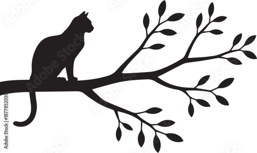 Black cat silhouette perched on a tree branch with leaves